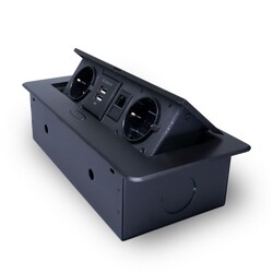 Розетка горизонтальная выдвижная 2 Euro 16A, 2 USB A с блоком 5В/2.1А, RJ45 RocketSocket, проводка, цвет черный