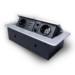 Розетка горизонтальная выдвижная 2 Euro 16A, 2 USB A с блоком 5В/2.1А, 2 RJ45 RocketSocket, проводка, цвет серый