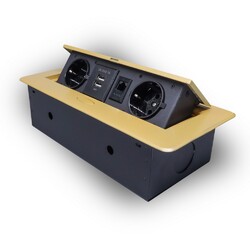 Розетка горизонтальная выдвижная 2 Euro 16A, 2 USB A с блоком 5В/2.1А, RJ45 RocketSocket, проводка, цвет золотой