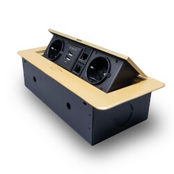 Розетка горизонтальная выдвижная 2 Euro 16A, 2 USB A с блоком 5В/2.1А, 2 RJ45 RocketSocket, проводка, цвет золотой