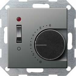 Gira E22 Сталь Терморегулятор с размык контактом 10А, контр ламп и выключат арт. 039220