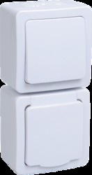 IEK БВб-22-31-ГПБб блок "выкл 1кл + розетка 1м с з/к" о/у IP54 ГЕРМЕС PLUS (кл.бел/кр.бел) арт. EBVMP20-K01-31-54-EC