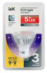 IEK Лампа светодиодная MR16 софит 5 Вт 350 Лм 230 В 4000 К GU5.3 -eco арт. LLP-MR16-5-230-40-GU5