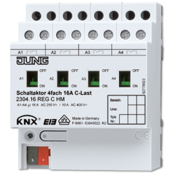 JUNG KNX Актор 4-х канальный 220 V AC 12-24 V DC 16 A возм ручн упр DIN-рейка арт. 2304.16REGCHM