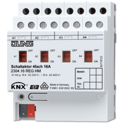 JUNG KNX Актор 4-х канальный 220 V AC 16 A возм ручн упр DIN-рейка арт. 2304.16REGHM