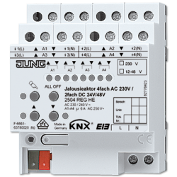 JUNG KNX Актор жалюзи 4-х канальный 220V AC 12-24V DC 6А возм ручн упр DIN-рейка арт. 2504REGHE