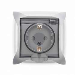 SE Дуэт Серебро Розетка с/з с защитными шторками с крышкой IP20, в сборе с рамкой арт. WDE000346