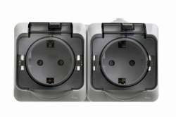 SE Этюд наруж Серая Розетка 2-я с/з со шторками c крышкой IP44 арт. PA16-244C