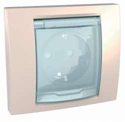 SE Unica Беж Розетка 1-ая с/з, IP44 с прозрачной крышкой и рамкой (моноблок) арт. MGU61.037.25