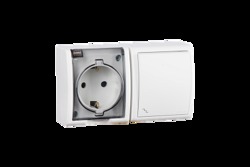 Simon 15 Aqua Белый Блок: Розетка 2P+E Schuko 16А 250В + выключатель проходной 10А 250В, IP54 арт. 1594516-030