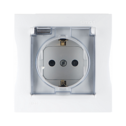 Simon 15 Белая Розетка 1-ая с/з с крышкой с защитными шторками, IP44 (в сборе с рамкой) арт. 1590450-030