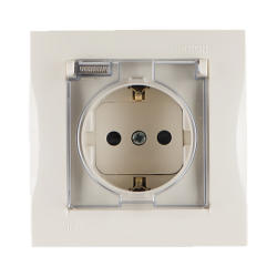 Simon 15 Бежевая Розетка 1-ая с/з с крышкой с защитными шторками, IP44 (в сборе с рамкой) арт. 1590450-031