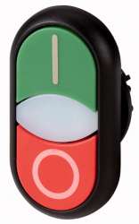 Двойная кнопка с сигнальной лампой, плоский, белый/черный с инд. Гравировкой, черное лицевое кольцо (M22S-DDLF-*-*-*) арт.284819