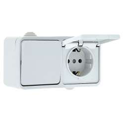 Блок розетка-выключатель 1-кл. 16А с/з с крышкой IP44 белая Прага EKF PROxima