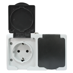 Венеция Розетка 2-местная 16А с заземлением с крышкой IP54 серый с защ. штор. EKF