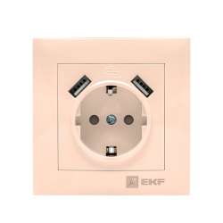 Валенсия розетка 1-местная с/з 16А кремовая с защ. штор. с 2 USB 2,1А EKF PROxima